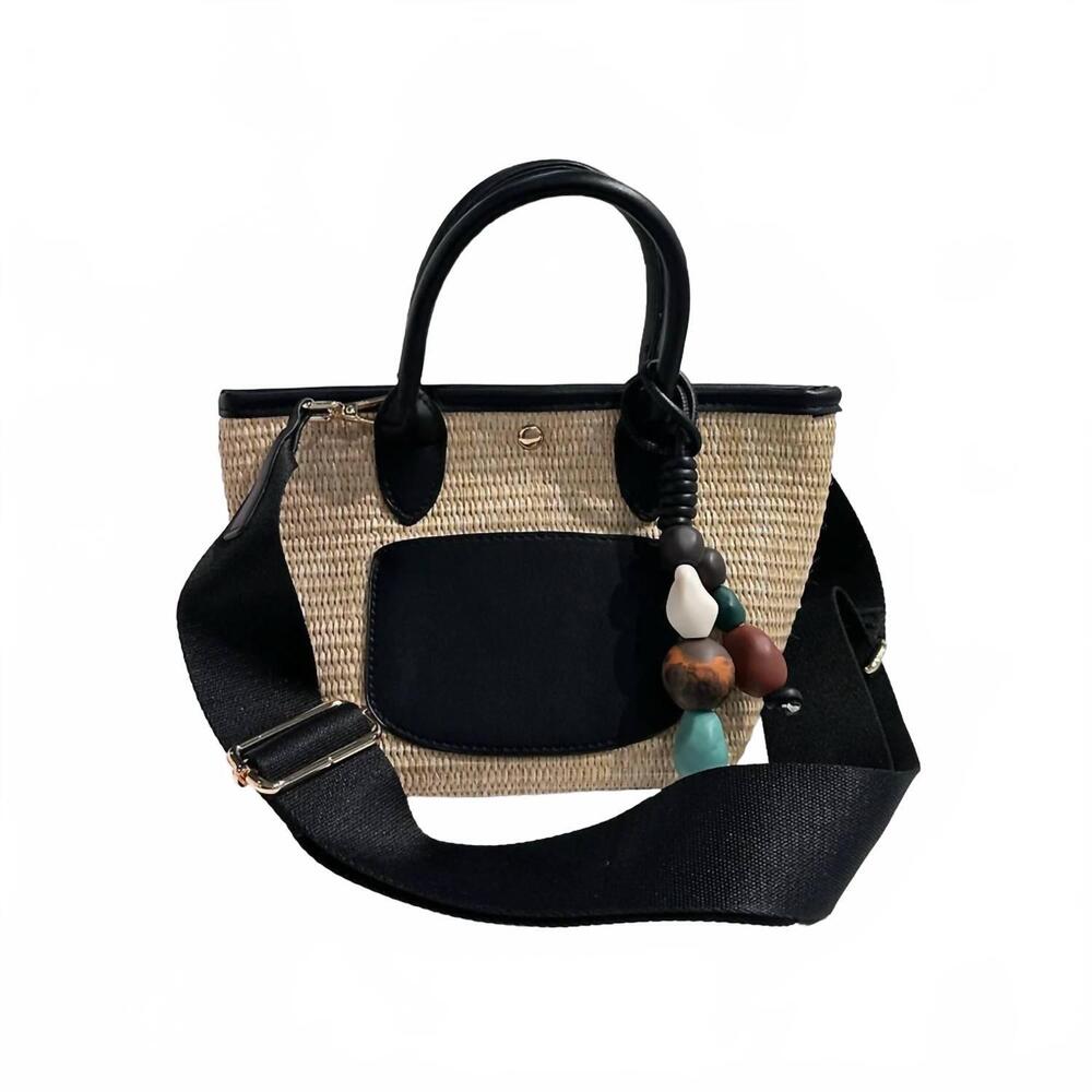 NEW AHDORNED carey mini raffia tote in black